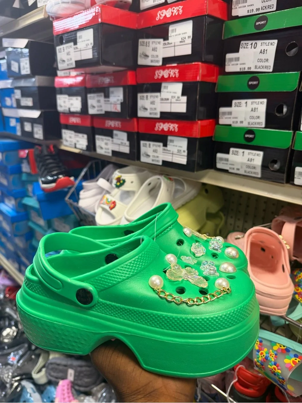 Kids Green Platform Clog Shoes with Decorative Pearls and Chains